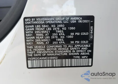 2021 Volkswagen Atlas Cross Sport Sel Premium R-Line from USA, damaged, VIN 1V2FE2CAXMC239652